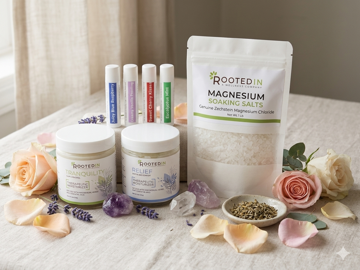 Rooted In magnesium products on a table with flowers and crystals