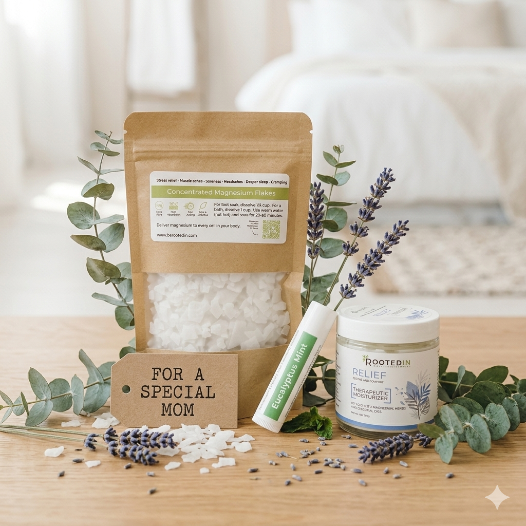 Assorted wellness products including a jar, pouch, and bottle on a wooden surface with lavender and eucalyptus leaves.