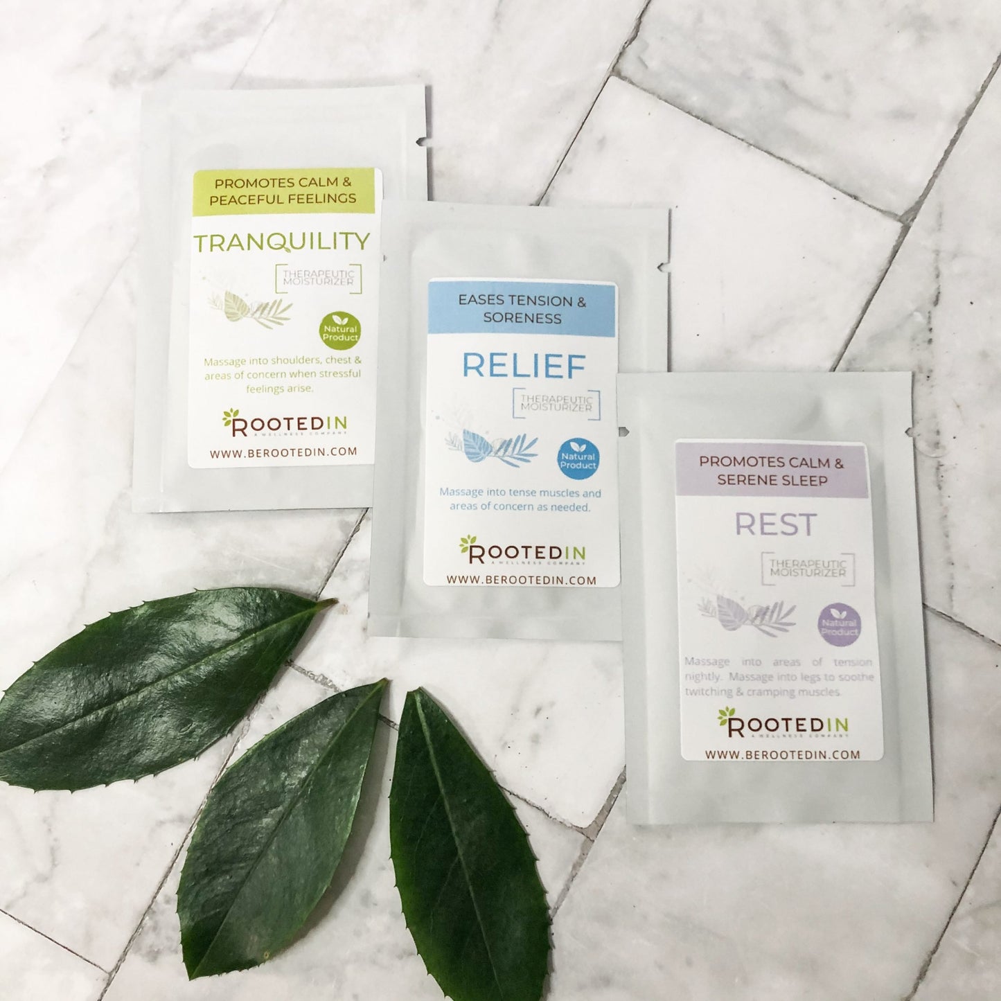 Sample packs of magnesium creams promoting calm feelings, tension and soreness relief, and sleep.